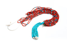 Load image into Gallery viewer, Single Native American necklace with nine strands of Mediterranean coral with sleeping beauty, Royston and Kingman Turquoise stones, and Lapis on a white background
