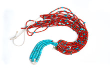 Load image into Gallery viewer, Top view of single Native American necklace with nine strands of Mediterranean coral with sleeping beauty, Royston and Kingman Turquoise stones, and Lapis on a white background
