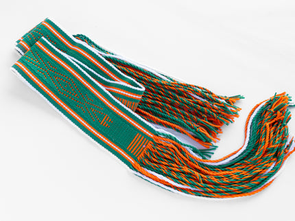 Green Navajo woven Sash belt with orange and white bordering and lines