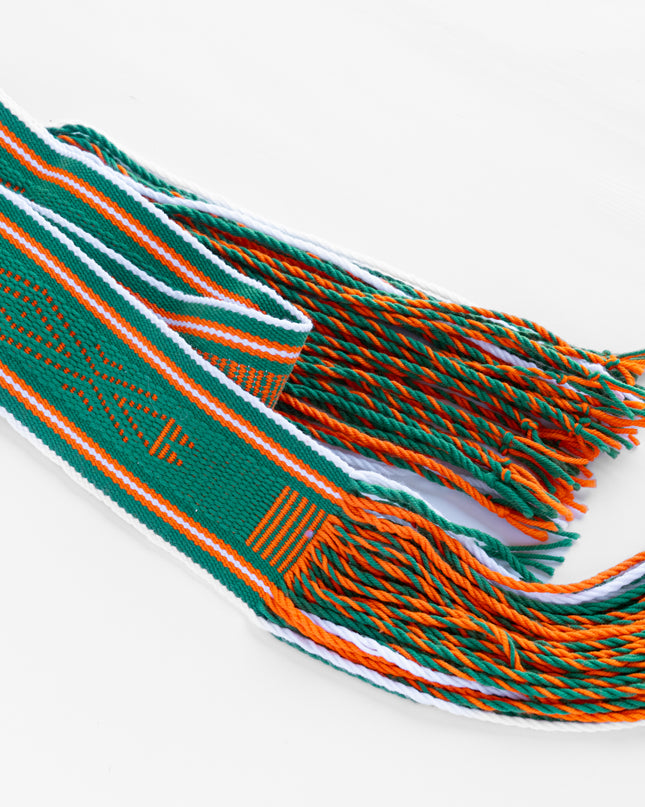 Green Navajo woven Sash belt with orange and white bordering and lines