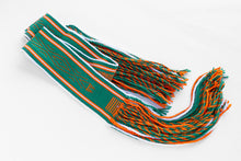 Load image into Gallery viewer, Green Navajo woven Sash belt with orange and white bordering and lines
