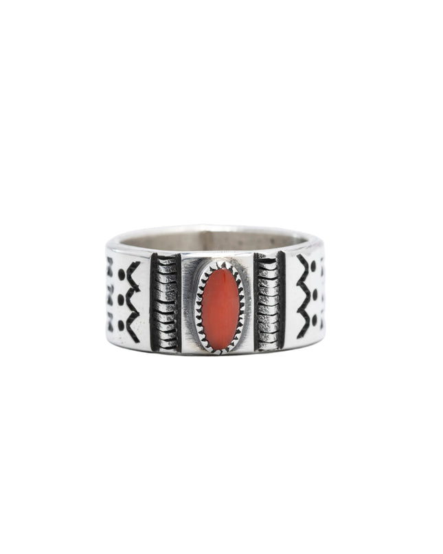 Sterling Silver Ring with Mediterranean Coral and Arrows by Navajo Silversmith Harrison Jim