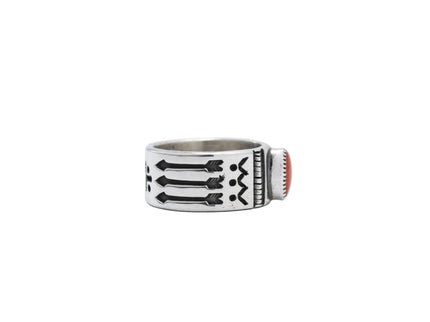 Sterling Silver Ring with Mediterranean Coral and Arrows by Navajo Silversmith Harrison Jim