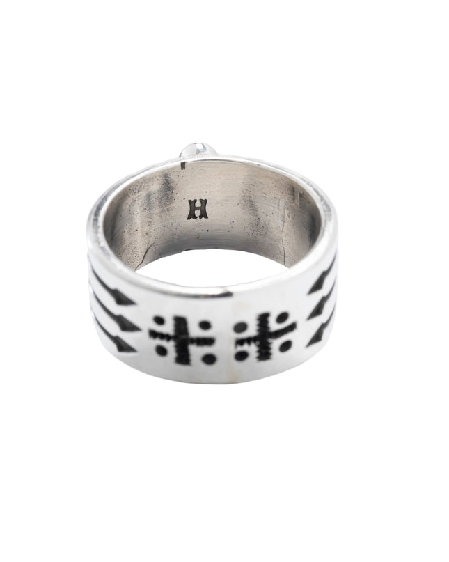 Sterling Silver Ring with Mediterranean Coral and Arrows by Navajo Silversmith Harrison Jim