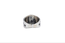 Load image into Gallery viewer, Back and inside view of a Navajo silver ring with engraved designs on a white background
