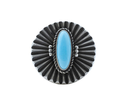 Ruffled Disc Ring with a Sleeping Beauty Turquoise By Navajo Silversmith Herman Smith