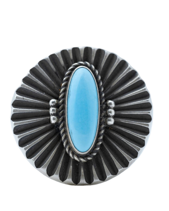Ruffled Disc Ring with a Sleeping Beauty Turquoise By Navajo Silversmith Herman Smith