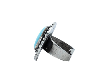 Ruffled Disc Ring with a Sleeping Beauty Turquoise By Navajo Silversmith Herman Smith