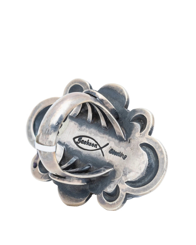 Silver Shadow Blow-Out design with Candelaria Turquoise By Navajo Silversmith Tommy Jackson