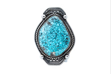 Load image into Gallery viewer, Silver Flat Morenci Turquoise Ring by Navajo Silversmith Tommy Jackson
