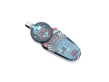 Load image into Gallery viewer, Colorful inlay Navajo pendant with deity images on a white background
