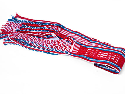 Red, White, & Blue Navajo Sash Belt folded and laid out with fridge length showing