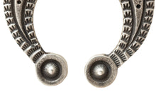 Load image into Gallery viewer, Closeup of Silver u-shpaed pendant tips intricate stamped designs on a light background
