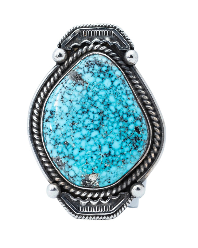 Silver Flat Morenci Turquoise Ring by Navajo Silversmith Tommy Jackson