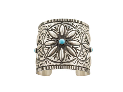 Navajo Herman Smith sterling silver cuff with three Beauty turquoise gemstones and hand-stamped patterns