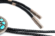 Load image into Gallery viewer, Black leather braided cord with silver and turquoise bolo tie on a white background
