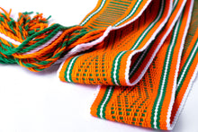 Load image into Gallery viewer, Navajo Sash Belt that is Orange with Green and White Stripes. Fold on itself
