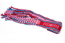 Load image into Gallery viewer, Red, White, &amp; Blue Navajo Sash Belt folded and laid out with fridge length showing
