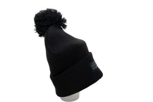 Load image into Gallery viewer, Side view of a Pendleton classic black beanie with pom-pom on a white background
