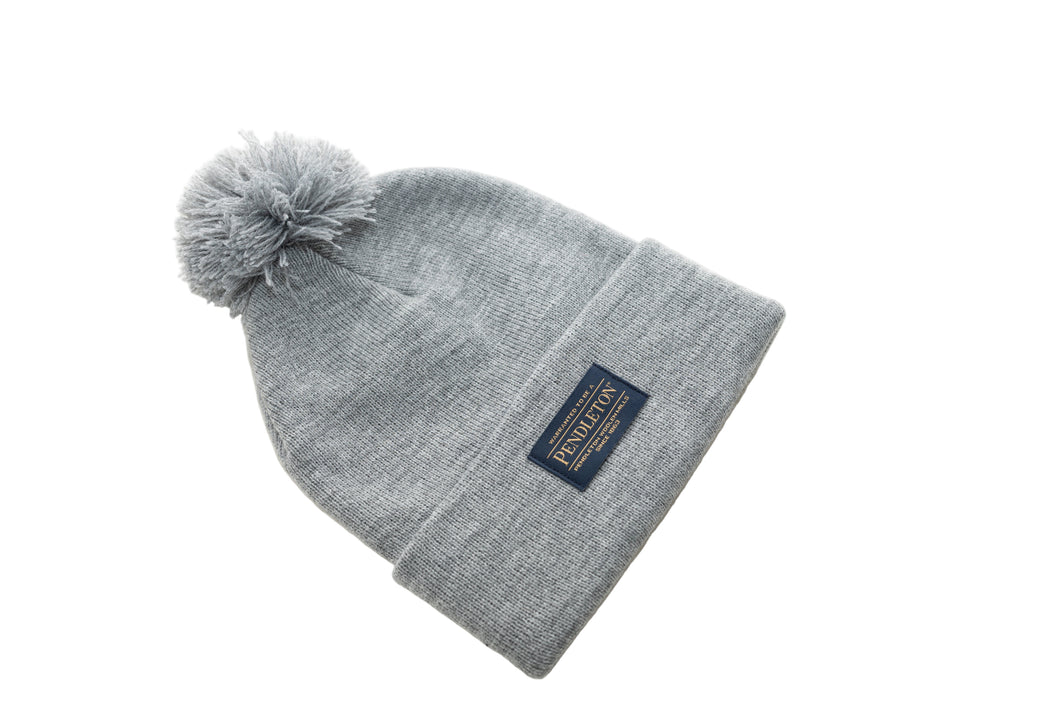Pendleton grey beanie with pom-pom top on a white background