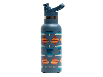 Blue water bottle with a geometric Pendleton pattern on a white background