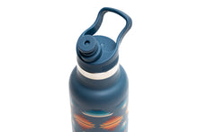 Load image into Gallery viewer, Close up of a blue water bottle and it&#39;s lid with a colorful design on a white background
