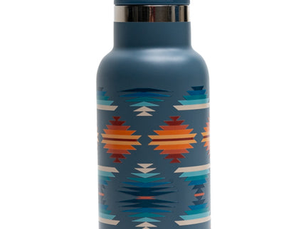 Blue water bottle with Pendleton pattern on a white background