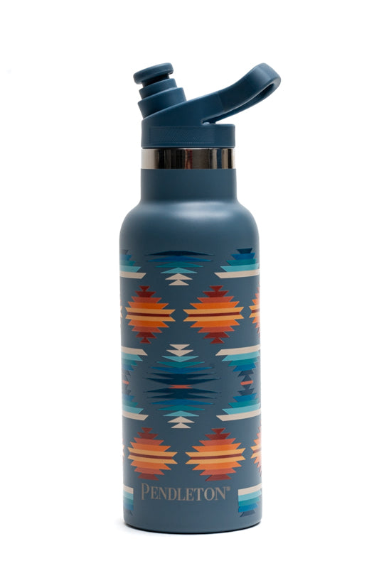 Blue water bottle with Pendleton pattern on a white background