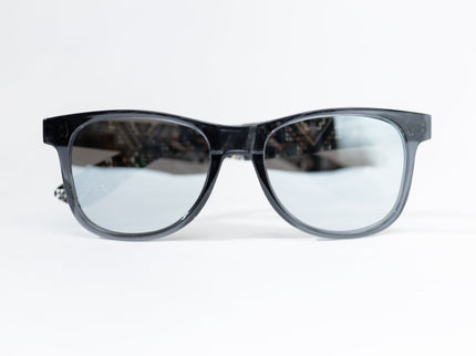 Black-framed glasses on a white background with Polarized lens 