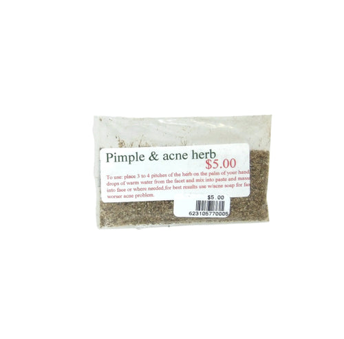 A package of Pimple & Acne Herb in a clear plastic bag with usage label
