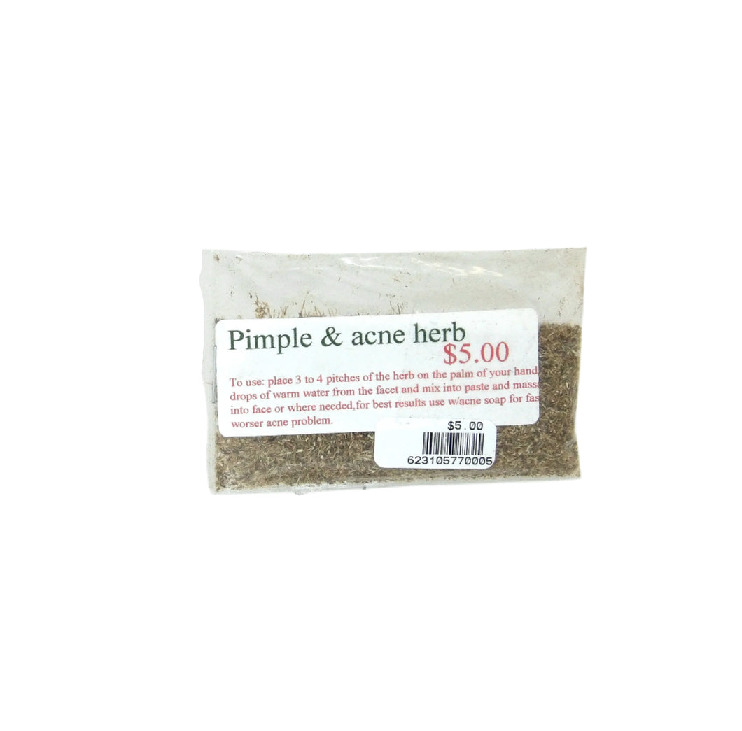 A package of Pimple & Acne Herb in a clear plastic bag with usage label