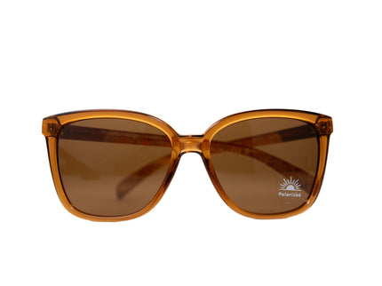 Brown sunglasses with a Polarized sticker  on a white background