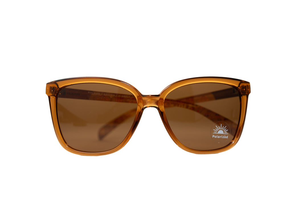 Brown sunglasses with a Polarized sticker  on a white background