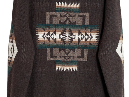 Dark brown sweater with geometric pattern on a light gray background