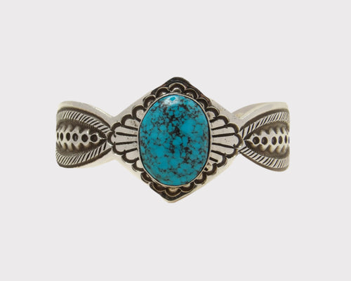 Silver stamped bracelet, front face, Kingman Turquoise stone