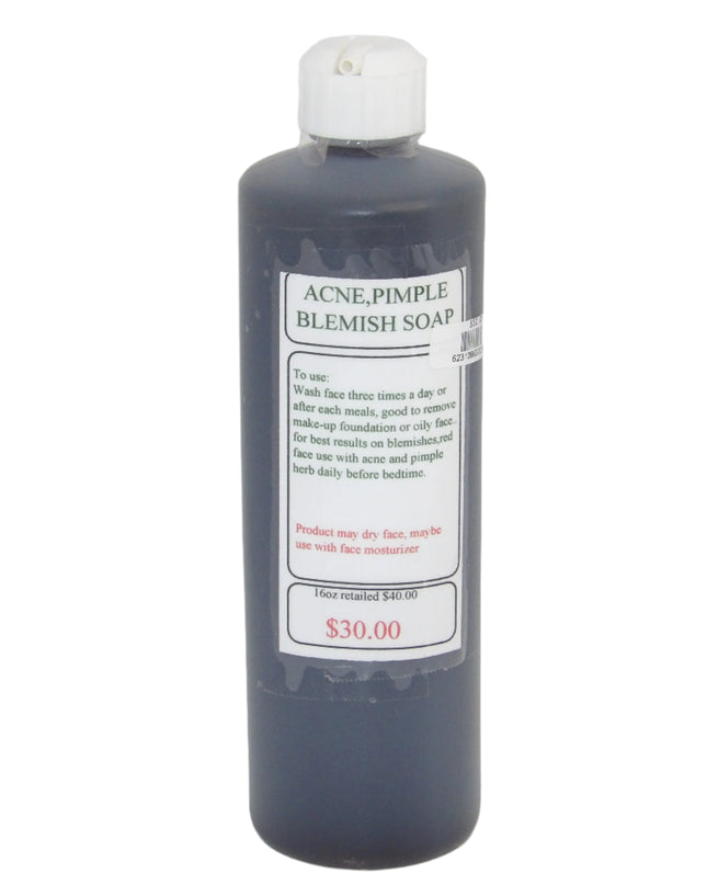 Clear 16oz bottle of a dark liquid used for acne, pimple, and blemish soap