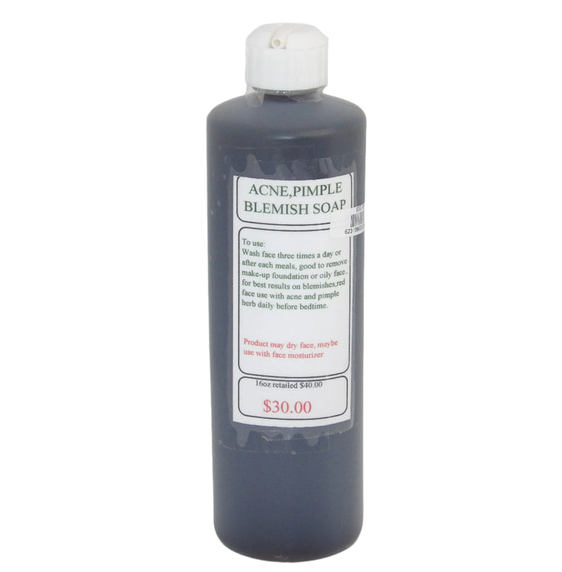 Clear 16oz bottle of a dark liquid used for acne, pimple, and blemish soap