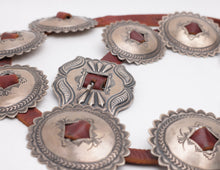 Load image into Gallery viewer, Brown leather belt with silver concho-style buckles on a white background

