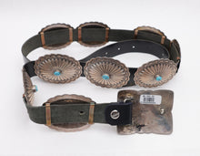 Load image into Gallery viewer, Black leather concho belt with silver concho buckles on a white background
