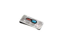 Load image into Gallery viewer, Sterling silver Navajo money clip with coral and turquoise stones  on a white background
