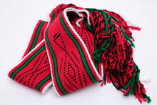 Load image into Gallery viewer, Dark red traditional sash with two green lines and black and white highlights rolled up on a white background
