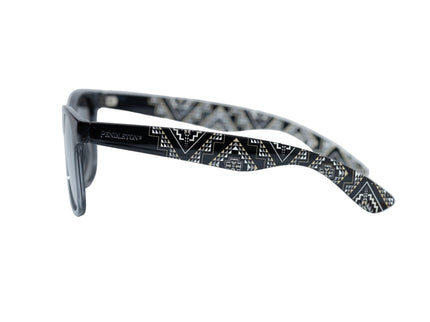 Side view Pendleton sunglasses with oxbow patterned arm on a white background 