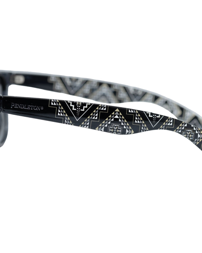 Sunglasses with oxbow patterned arm on a white background 