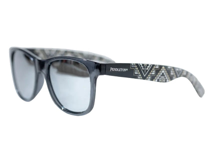 Sunglasses with oxbow patterned arm on a white background with polarized lens 