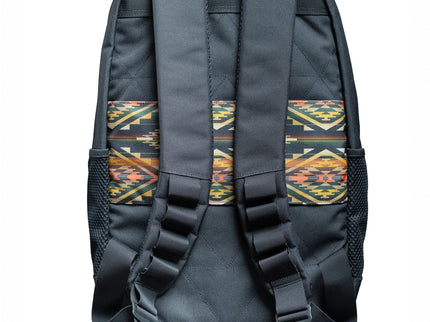 Black backpack with geometric pattern, back view, black adjustable shoulder straps on a white background