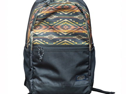 Black backpack with orange, yellow, green, and black geometric pattern on a white background.