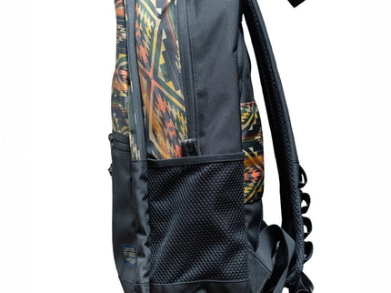 Black backpack with colorful geometric patterned, side black mesh pocket, black shoulder straps, on a white background