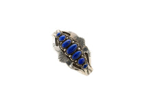 Load image into Gallery viewer, Silver bracelet with lapis stones on a white background

