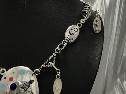 Benson Manygoats Silver chain Inlayed Necklace front middle pendant and two charms on necklace display 