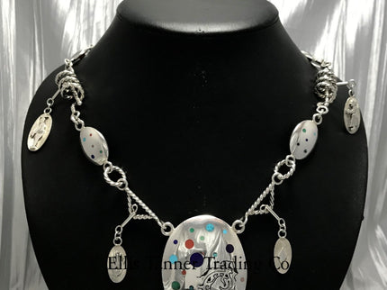 Benson Manygoats Silver Chain Inlayed Necklace front profile on necklace display. 
